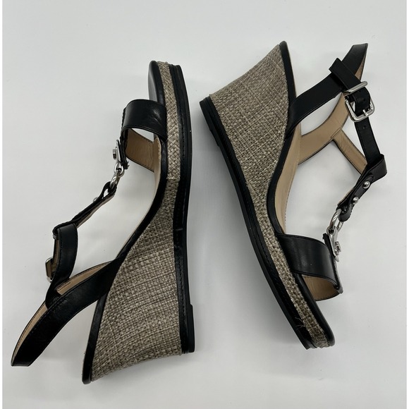 Antonio Melani Espadrille Black Leather T-Strap Caitlinn Wedge Sandals Size 9.5 - Picture 2 of 10